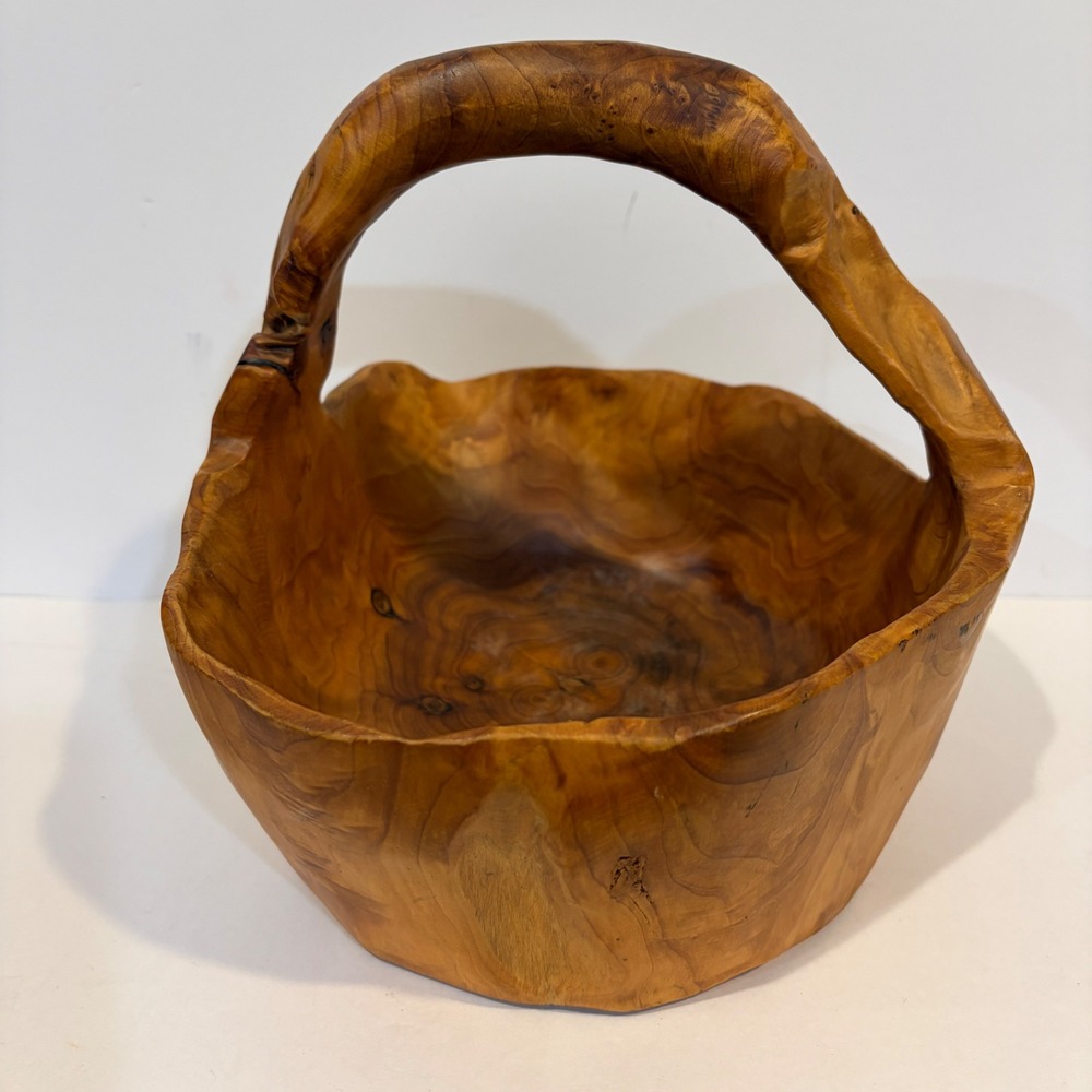 Hand Carved Root Wood Basket Brown Live Edge Rustic Decorative Bowl Handle